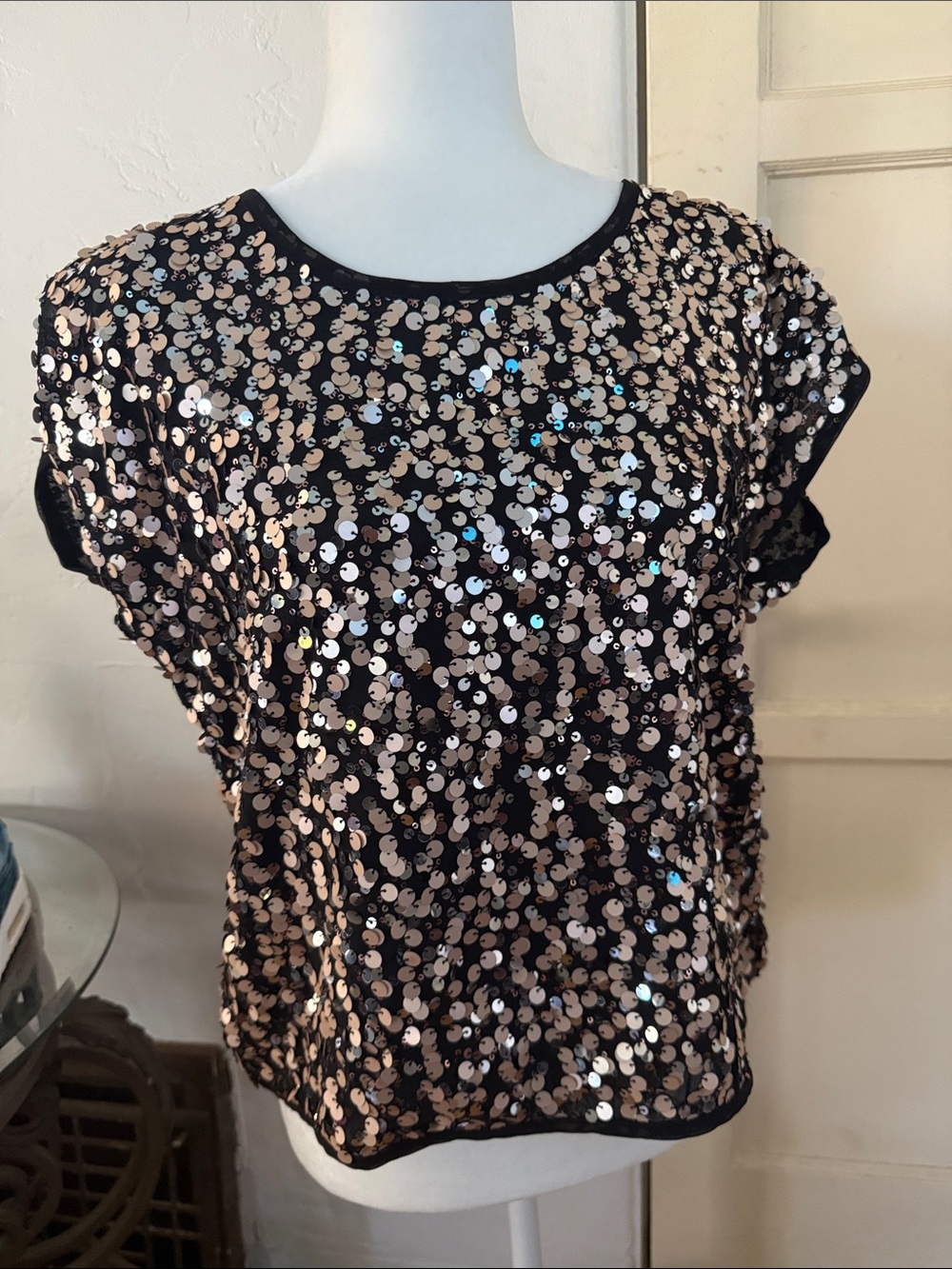 Jennifer Lopez Black Short Sleeve Sequin Tee with Rose Gold Shine Y2K